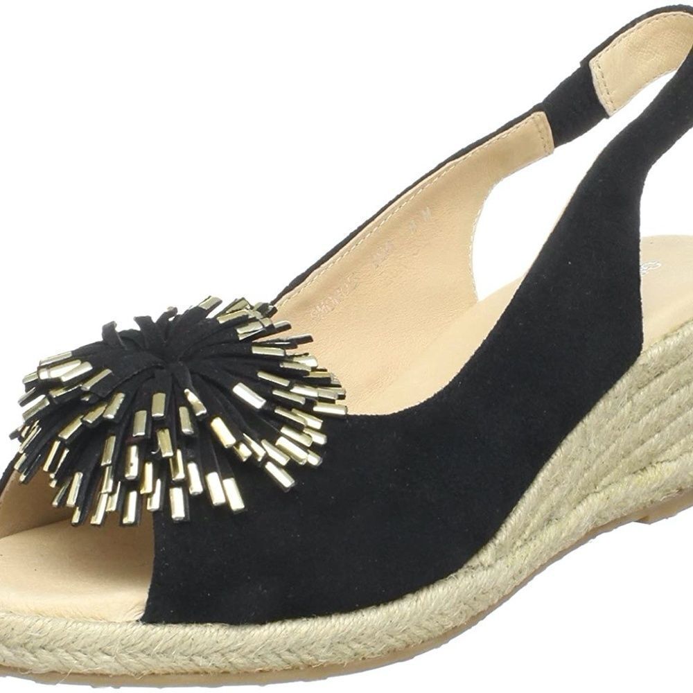 Oomphies Black Suede Pompom Wedge Espadrilles Sz 8